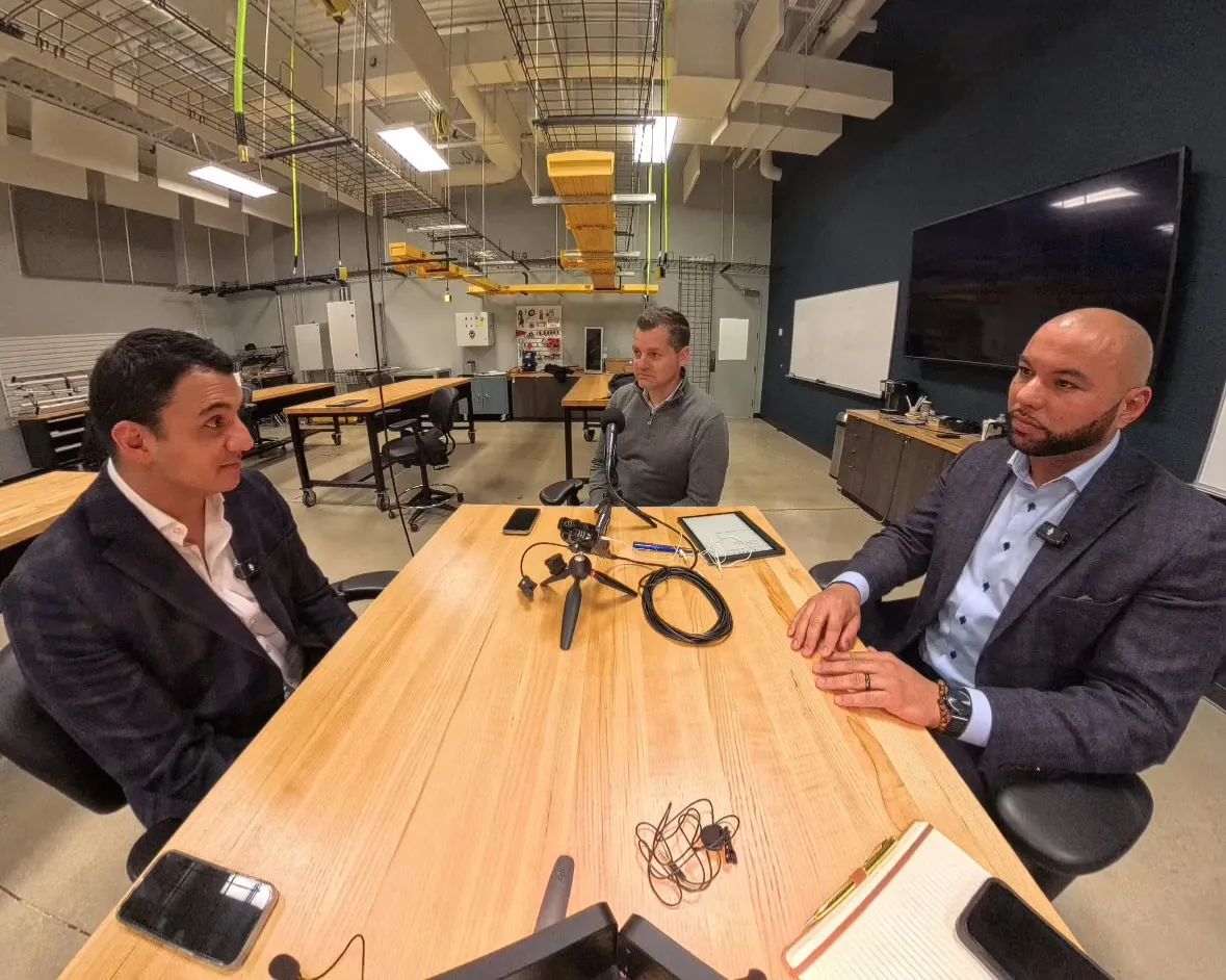 Recording a podcast episode in a tech lab